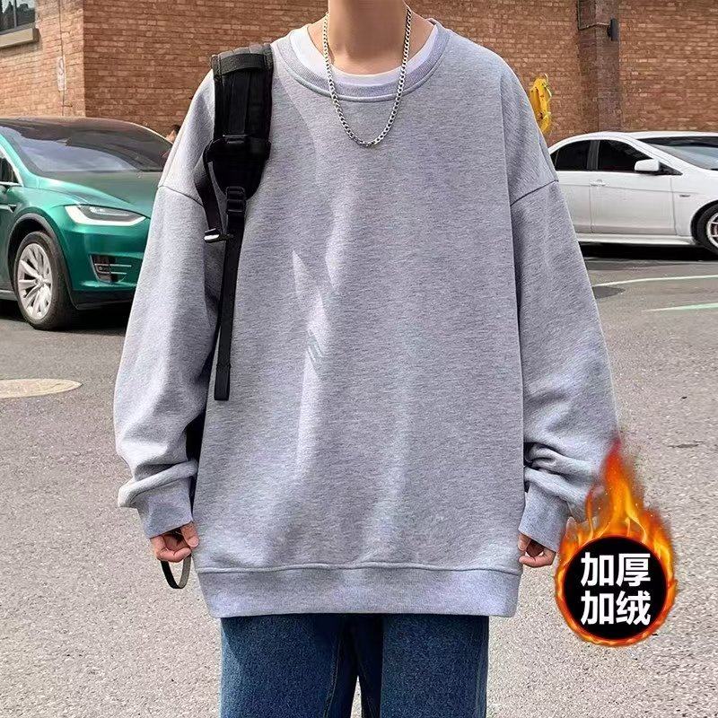 美式重磅纯棉加绒卫衣男秋冬款宽松宽松圆领无帽外套上衣打底衫潮