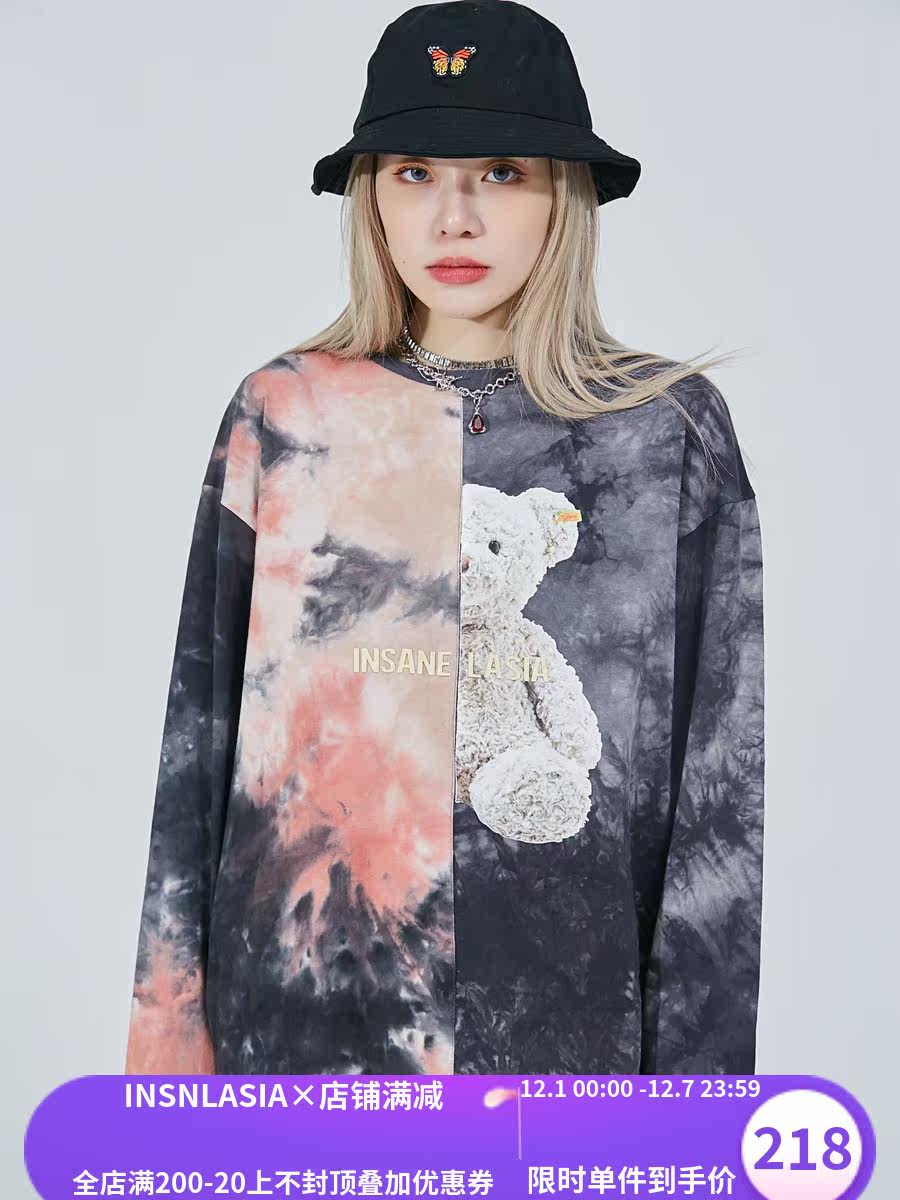 INSNLASIA original splicing tie-dye bear long-sleeved T-shirt alpaca trendy brand men and women washed sweater