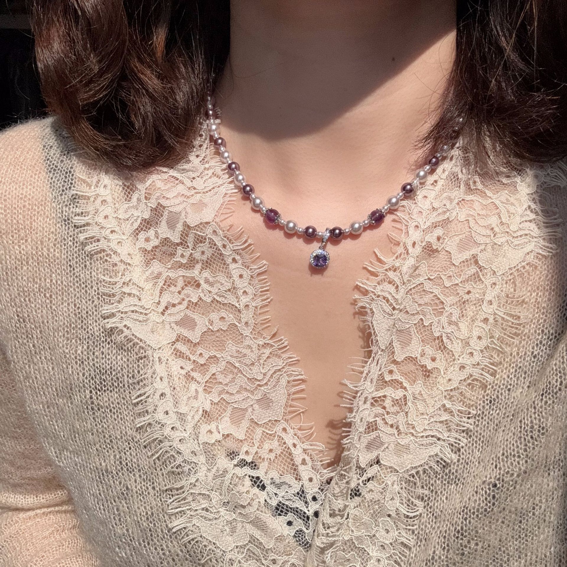 方糖锆石可拆卸紫水晶吊坠曼塔玫瑰珍珠项链紫水晶配饰品女高级感