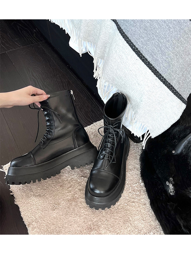 2025新款秋季绑带厚底黑色马丁靴单靴女圆头英伦风小个子增高短靴
