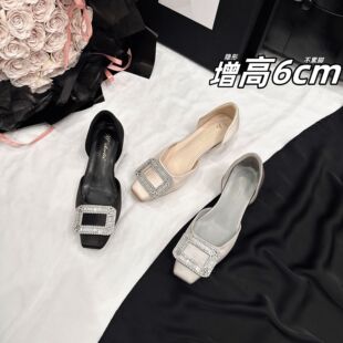 内增高6cm方扣水钻浅口单鞋女2026春夏季新款法式透气中空绸缎鞋