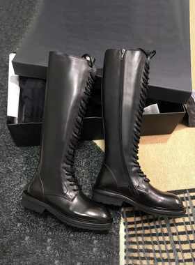 牛皮版~显瘦骑士靴女真皮系带高筒长靴ann马丁靴厚底不过膝长靴子