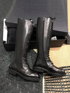 牛皮版 显瘦骑士靴女真皮系带高筒长靴ann马丁靴厚底不过膝长靴子