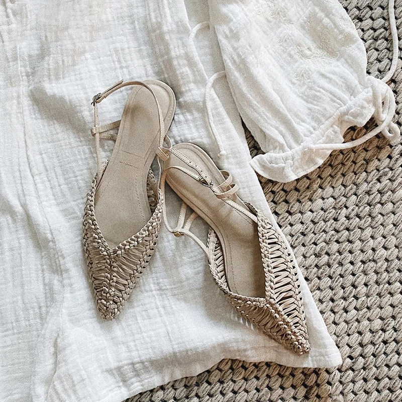 羊皮版~真皮独孤编织尖头罗马凉鞋女夏平底镂空一字带包头凉拖鞋