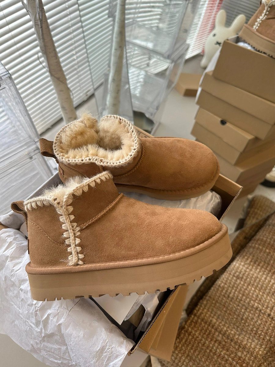 牛皮版~加厚绒短筒靴棉靴子刺绣真皮厚底防滑雪地靴女羊皮毛一体
