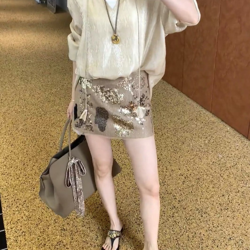 设计师买手店时髦小众亚麻珠片半身裙百搭亮片网纱刺绣短裙高级感