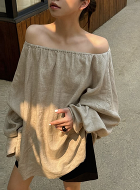 设计师买手店法式慵懒高级亚麻一字领露肩上衣松弛感复古时髦衬衫