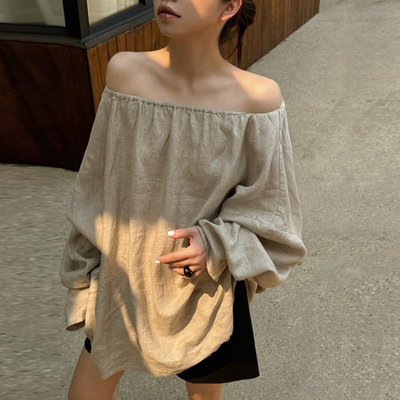 设计师买手店法式慵懒高级亚麻一字领露肩上衣松弛感复古时髦衬衫