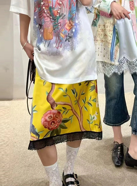 设计师买手店时髦复古花卉印花蕾丝花边拼接半身裙中裙显瘦直筒裙