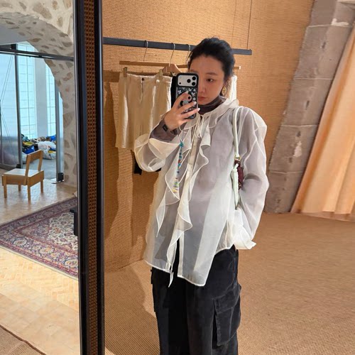 设计师买手店休闲繁复荷叶领长袖上衣温柔氛围感网纱微透衬衣衬衫