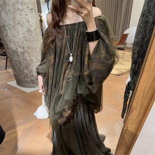 设计师买手店绿野仙踪茛苕油彩纱上衣一字领网纱衬衫 女 半身裙套装