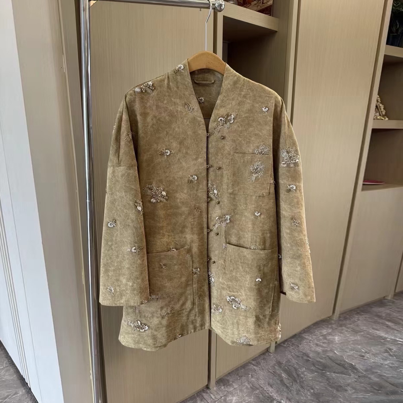 设计师买手店重工奢华东方韵味中式国风钉珠刺绣无领v领西装外套