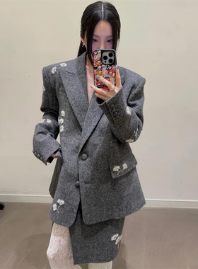 设计师买手店中式花朵刺绣直角肩休闲羊毛呢大衣外套西装半裙套装
