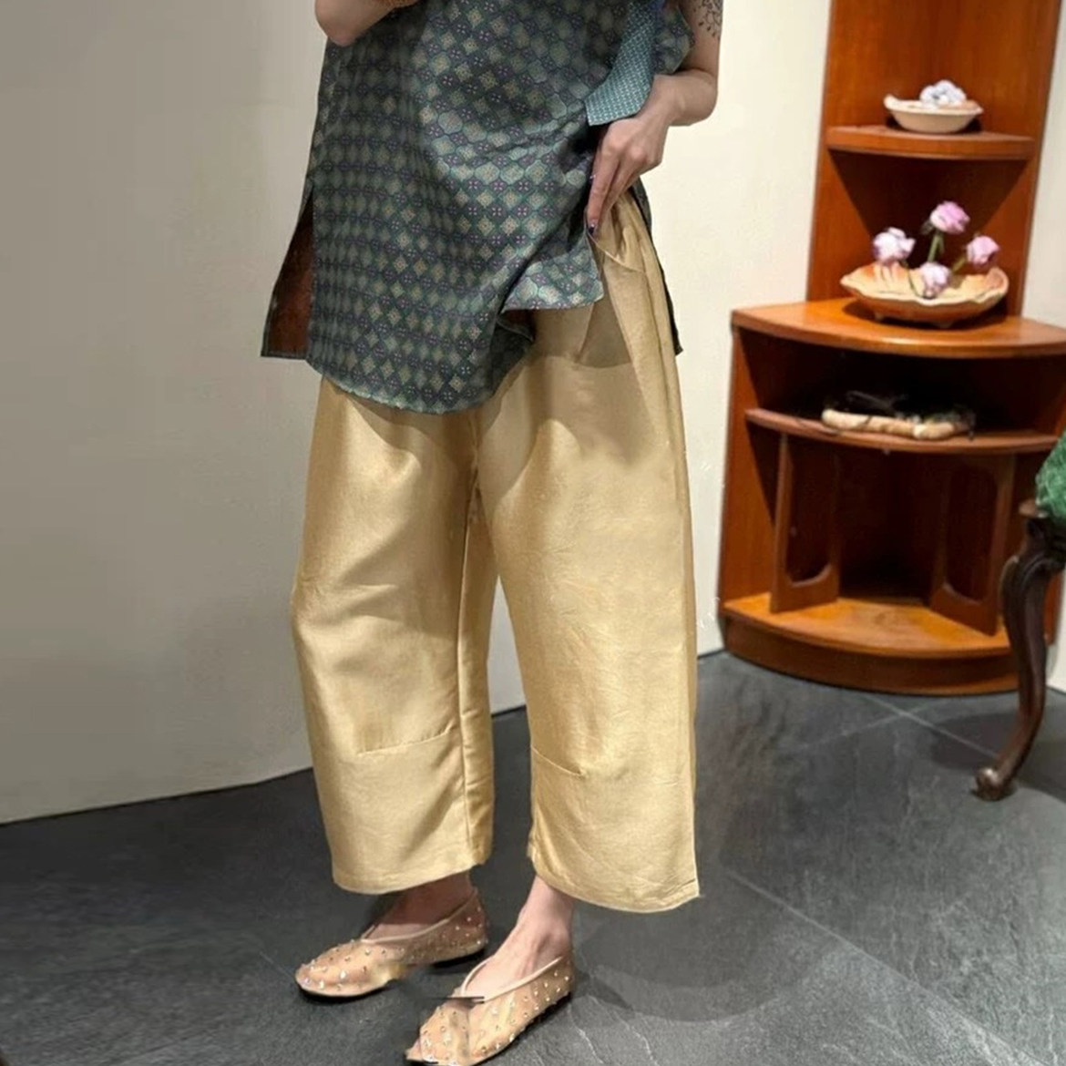 设计师买手店欧货南油丝毛老钱风休闲裤松紧高腰弯刀香蕉裤八分裤