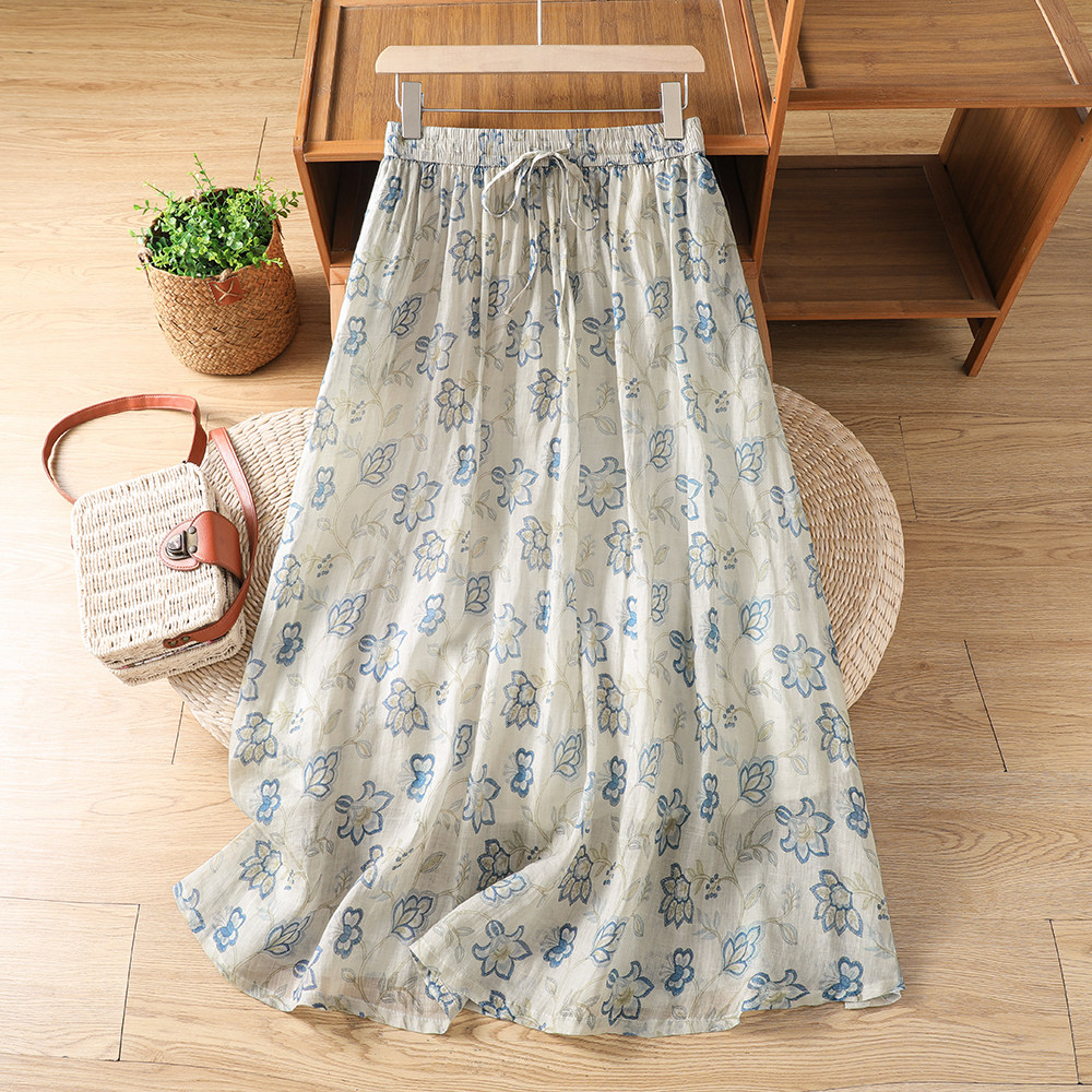 高级感油画印花苎麻半身裙女夏季半身裙