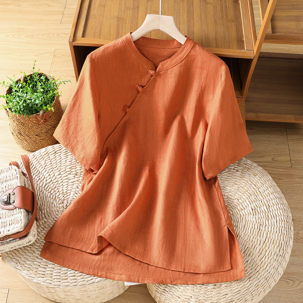 禅意女装新中式茶服棉麻唐装中国风古装盘扣上衣汉服女款夏季短袖