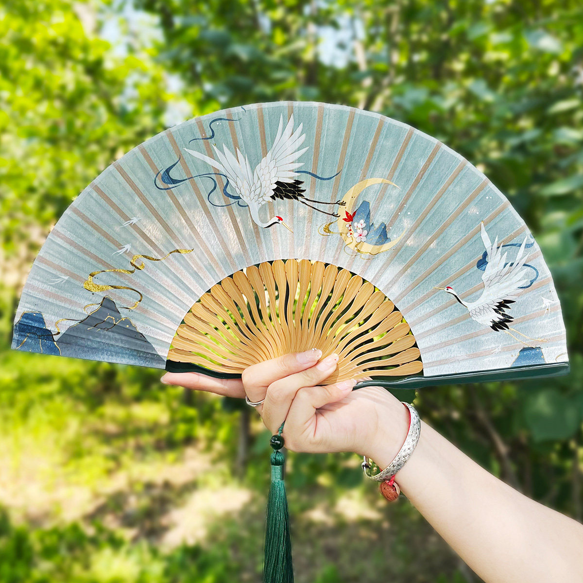中国风仙鹤扇子7寸真丝烫金女士折扇古风汉服旗袍好开合舞蹈扇