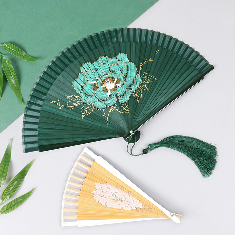 459古风牡丹扇子女士折扇汉服旗袍折扇真丝竹扇折叠扇夏季舞蹈扇