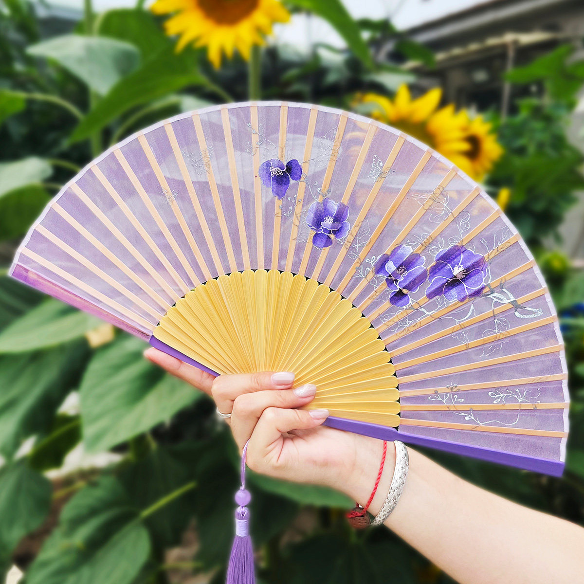 中国风月笼纱扇子7寸真丝女士烫金折扇古风汉服旗袍好开合舞蹈扇