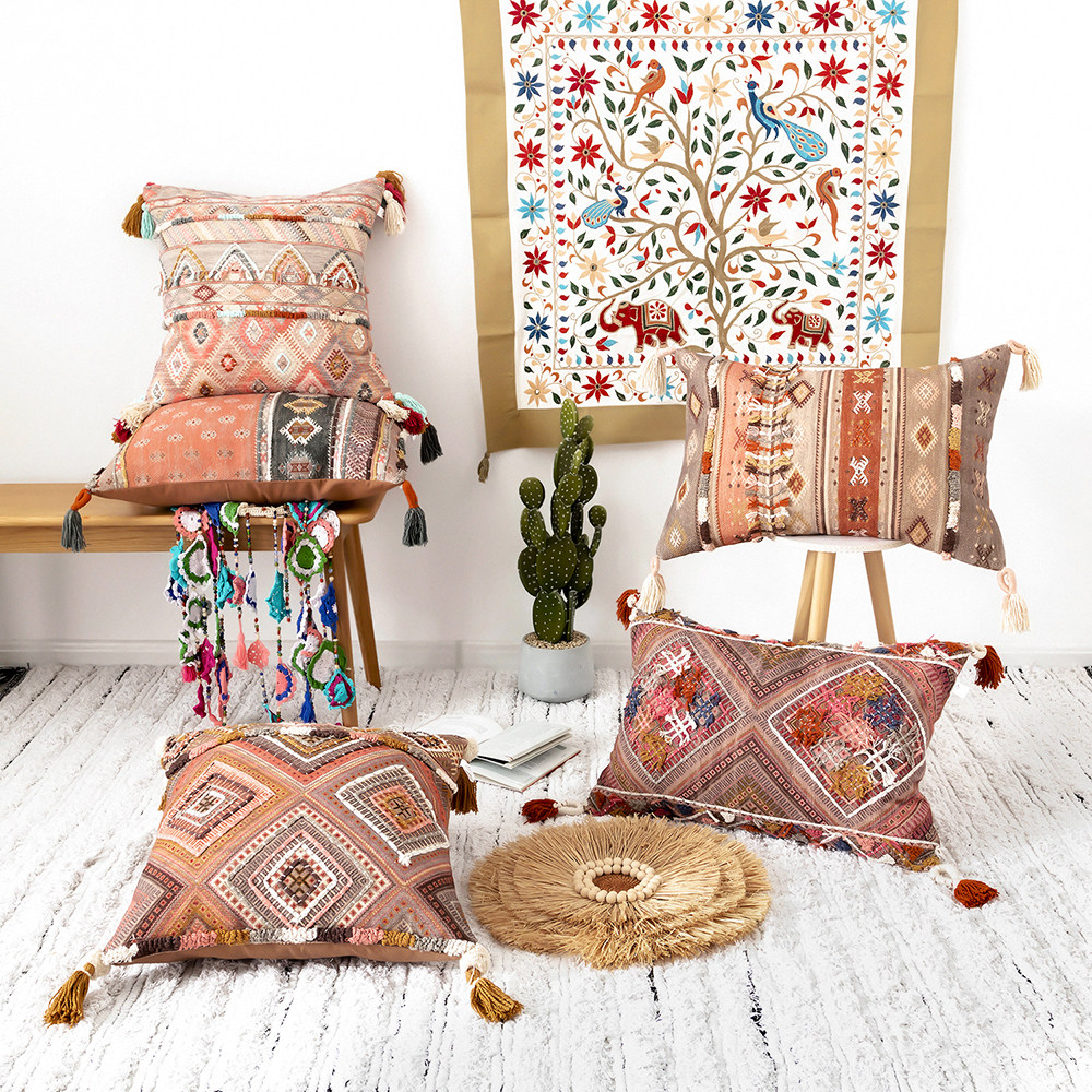 KM进口手工几何图案抱枕流苏纯棉经典简约现代客厅卧室沙发靠垫,居家布艺,靠垫/抱枕,淘宝优惠券,粉丝福利购,淘宝优惠卷