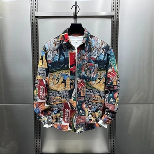 小众春秋新款男士外穿潮流彩绘衬衫男女同款时尚百搭宽松休闲外套
