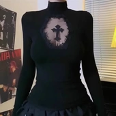 胖MM美式 复古十字架镂空上衣潮女春秋新款 修身 大码 高领内搭打底衫