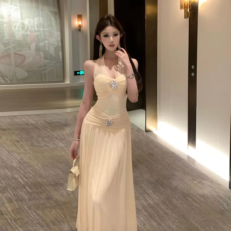5663跨境外贸女装东南亚法式高级感辣妹挂脖网纱a字连衣裙女