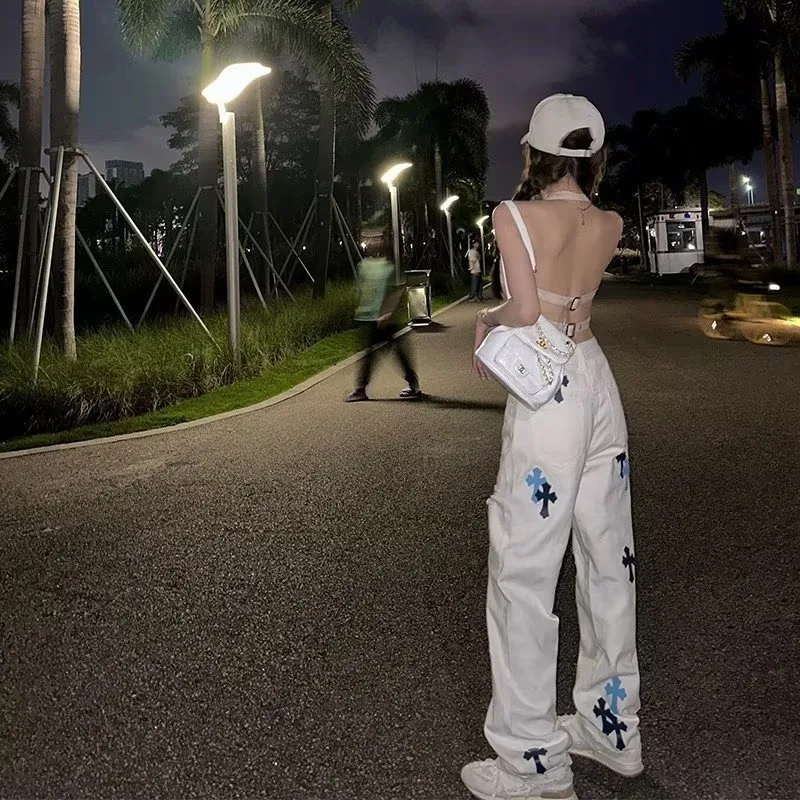 美式白色十字架炸街牛仔裤男女秋夏款高腰直筒显瘦阔腿长裤ins潮