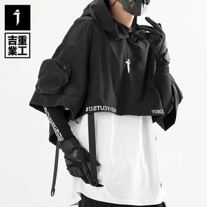吉业重工国潮春夏季新款机能风连帽披肩男士宽松休闲嘻哈潮牌上衣