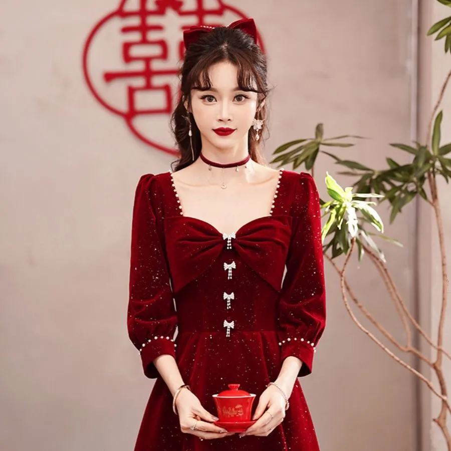 敬酒服新娘红色礼服女高级感裙子小个子订婚连衣裙长袖平时可穿女