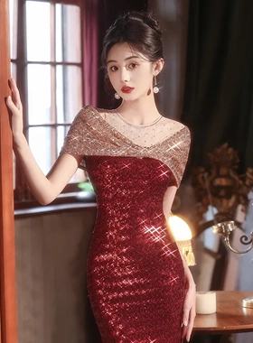 小众晚礼服女新款红色鱼尾礼服无袖一字肩好看订婚敬酒服日常可穿