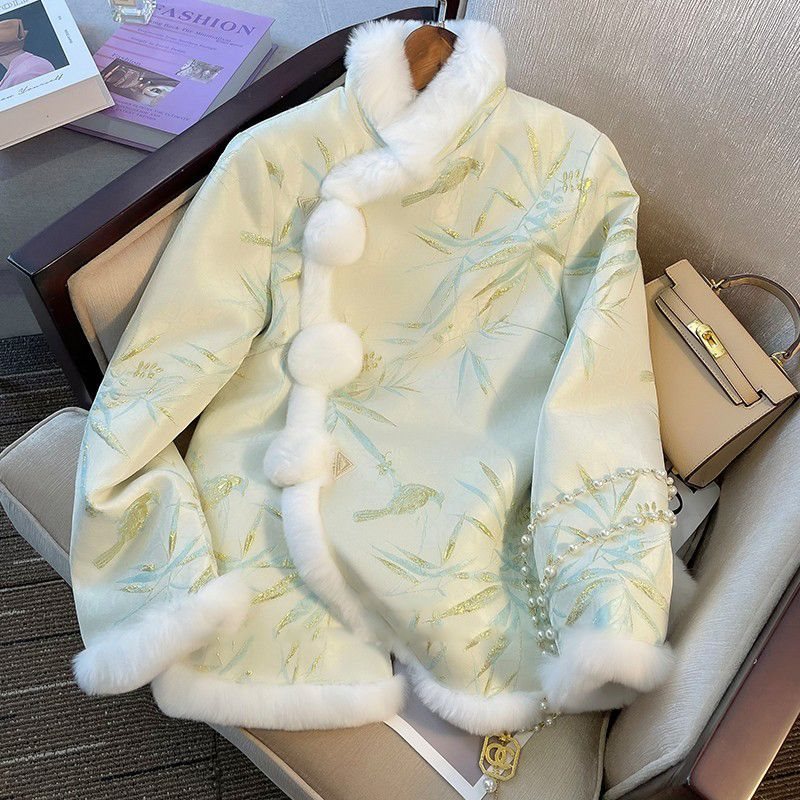 新中式国风竹子印花立领夹棉棉服女春夏新款外搭小袄改良唐装