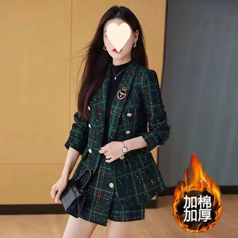 石墨烯加棉加厚时尚格子西装套装女气质香风名媛西服外套两件