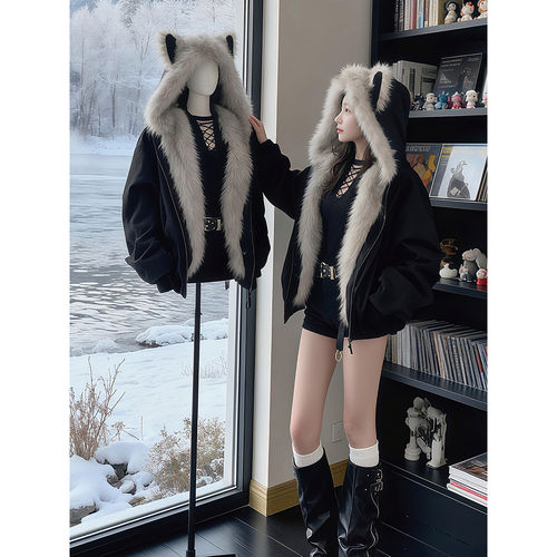 猫耳朵毛领座山雕皮毛一