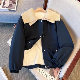 撞色翻领夹克外套女秋冬加绒加厚2025新款 宽松棉衣小个子保暖棉服