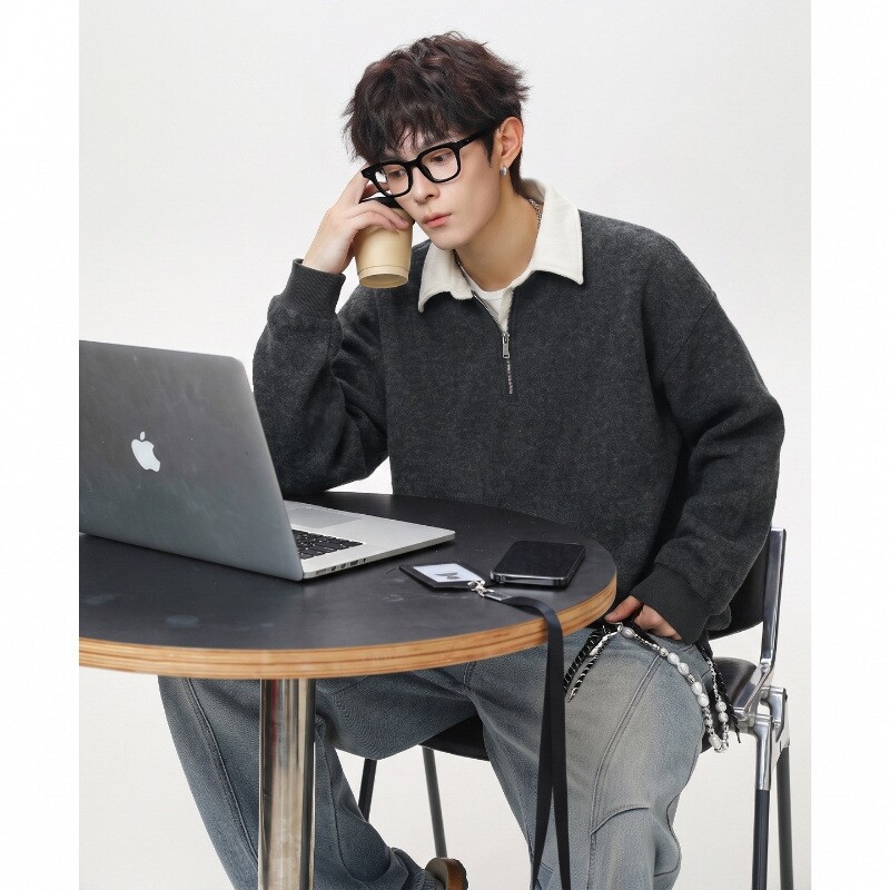 JY STYLE 老钱风复古毛呢肌理翻领卫衣男秋季款重磅假两件套头衫