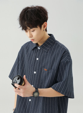 JY STYLE 肌理感微皱撞色条纹短袖衬衫夏季新款日系翻领衬衣