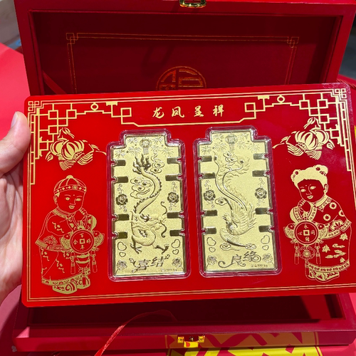 足金999龙凤呈祥摆件2g结婚礼盒套装送闺蜜朋友新婚礼物订婚摆件