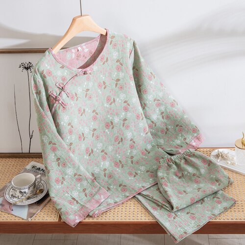 【清新】A类全棉色织提花双层纱家居服女式睡衣复古纯棉睡衣