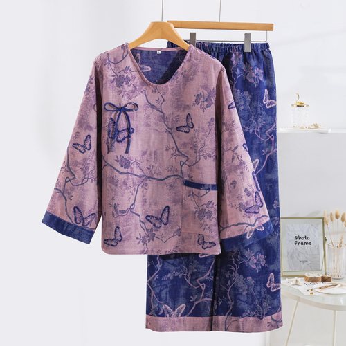 【孤品】A类全棉色织提花双层纱家居服女式睡衣复古纯棉睡衣