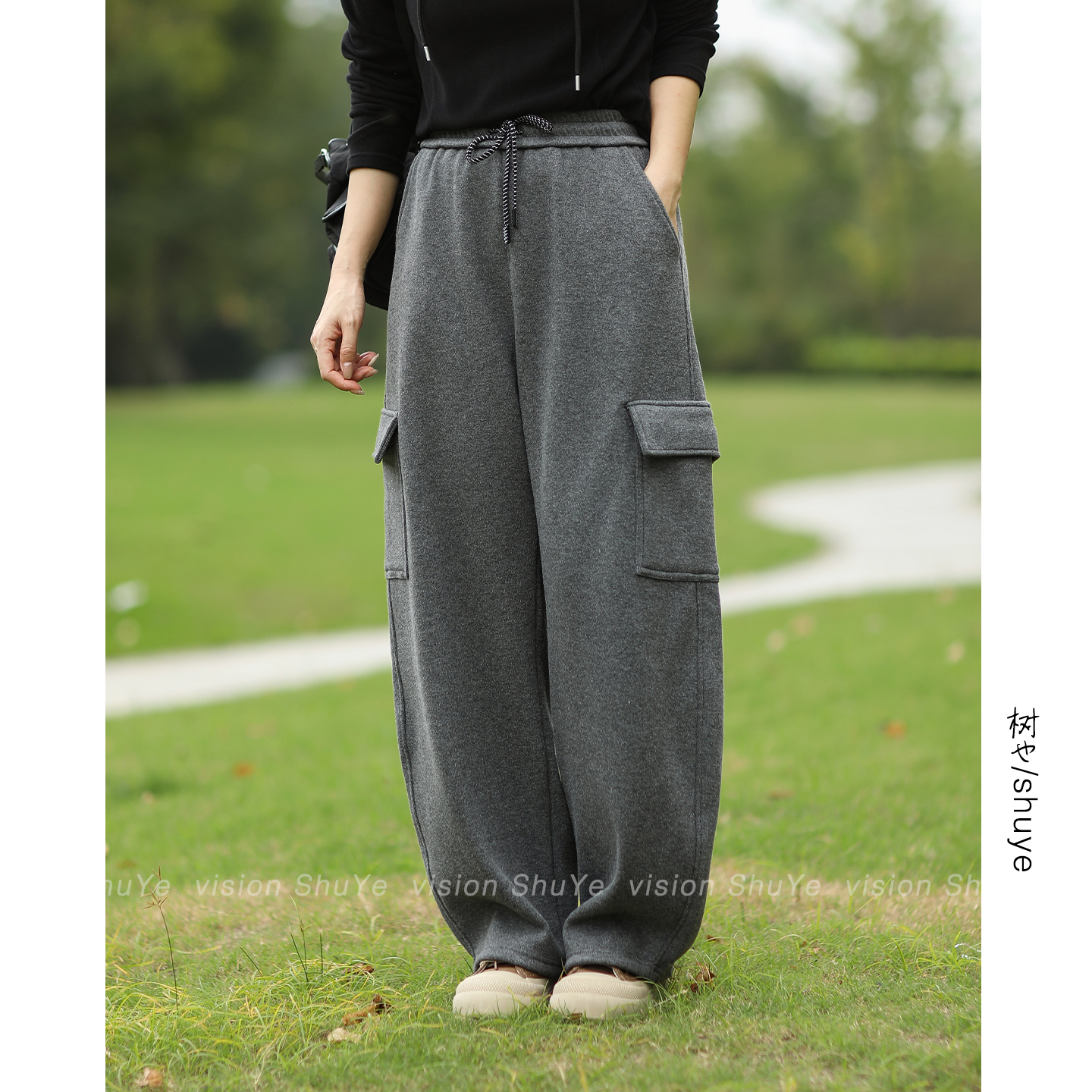 树也 加绒保暖羊绒工装裤 羊毛混纺休闲裤女时尚百搭弯刀裤冬装