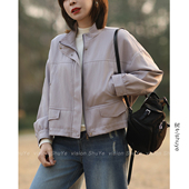 树也 休闲宽松立领PU皮衣夹克短外套女春装 酷飒有型 绵柔质感韩版