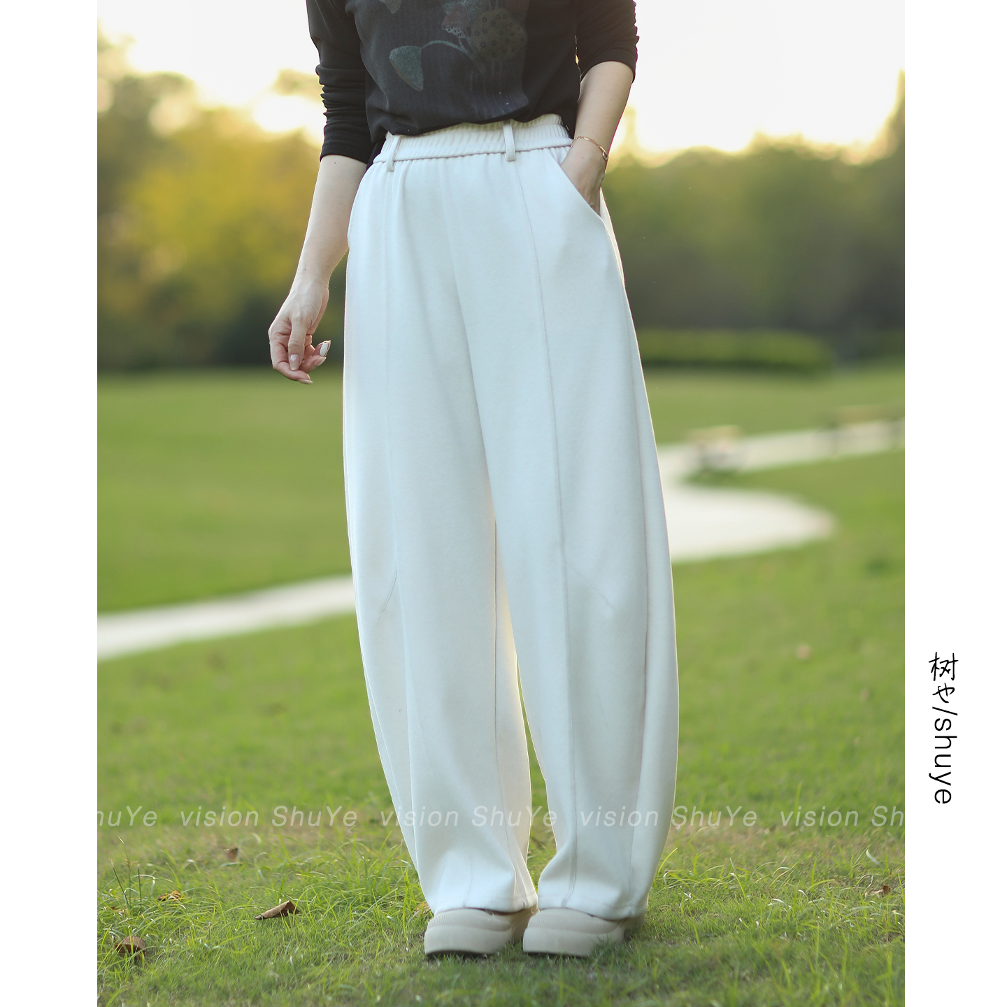 树也 裤型爆赞 气质通勤立体分割羊毛混纺显瘦百搭休闲裤女弯刀裤