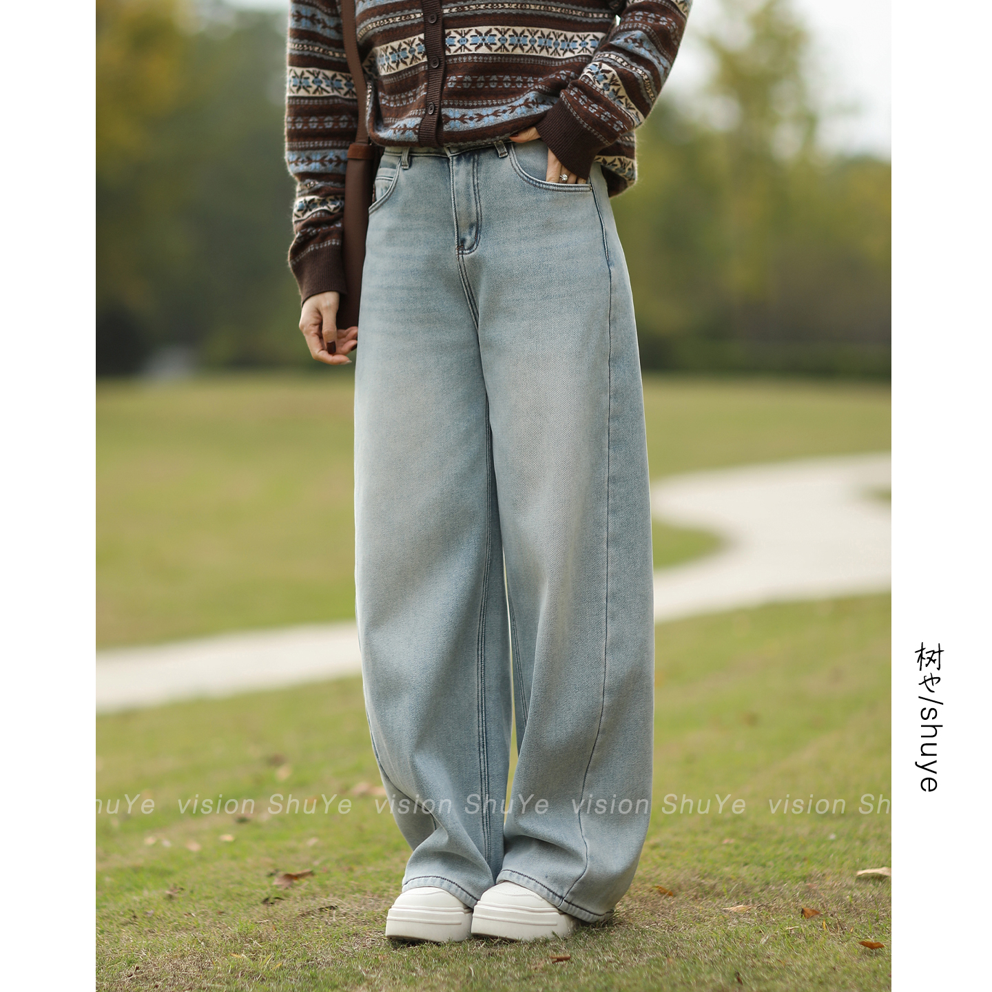 树也 裤型赞爆 反季蓝加绒牛仔弯刀裤女显瘦百搭松驰随性牛仔裤冬