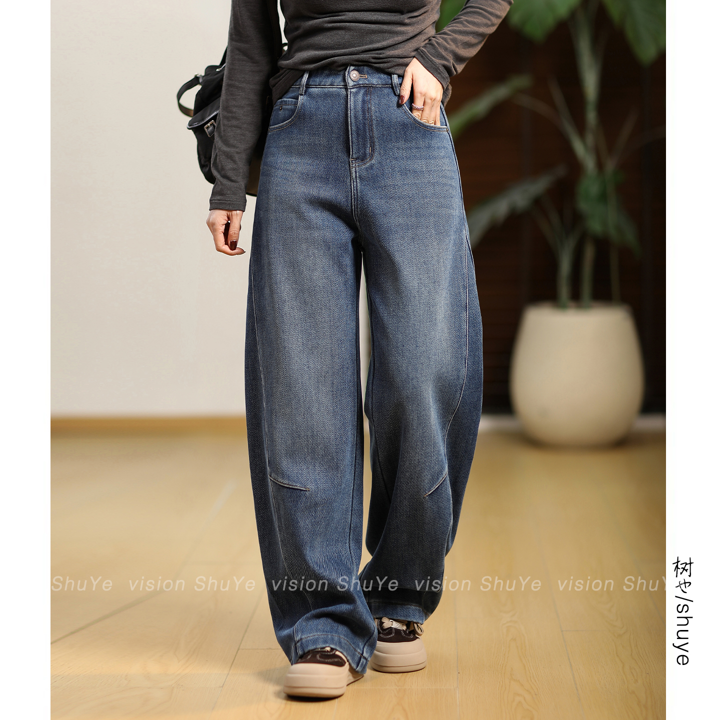 树也 裤型赞爆 原创款立体分割巨显瘦百搭宽松休闲加绒牛仔弯刀裤