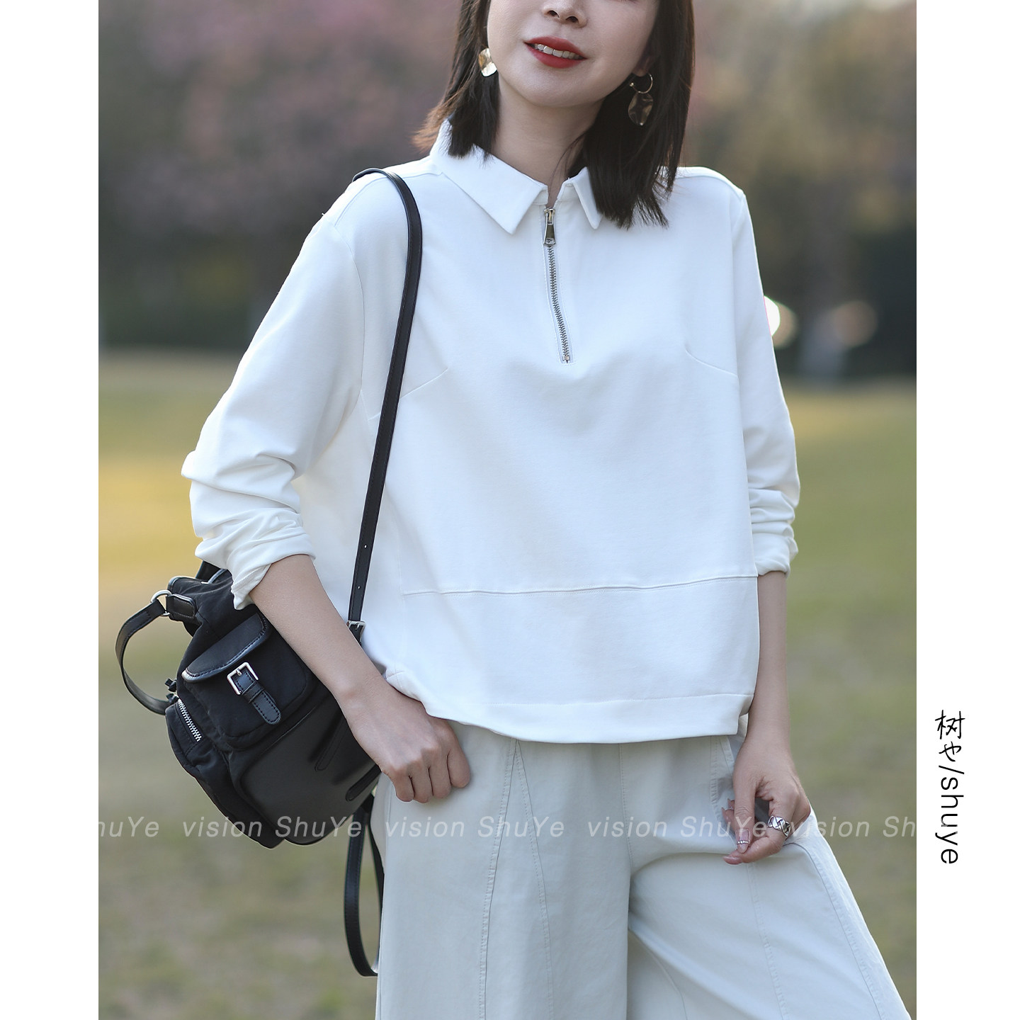 树也 休闲简约风 韩版宽松百搭半开拉链POLO领衬衫款卫衣长袖上衣