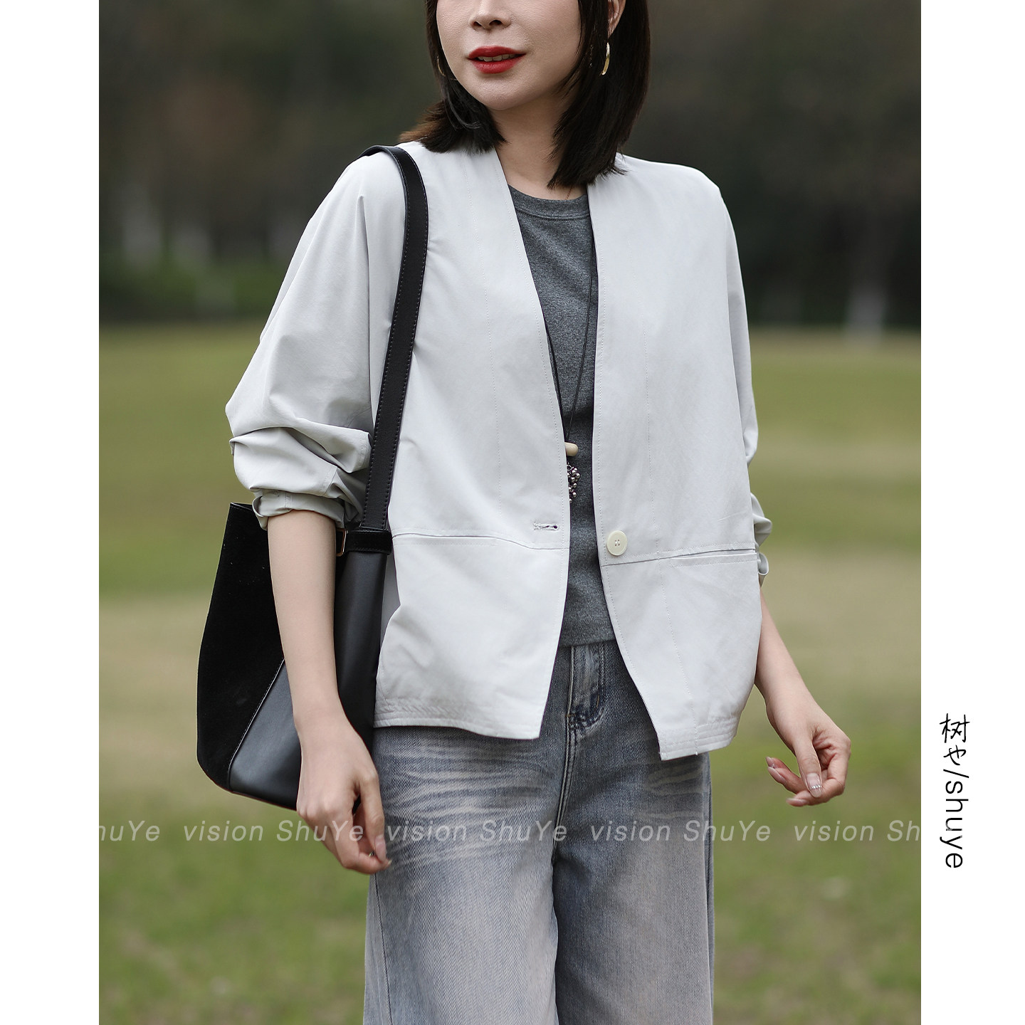 树也 简约休闲风 宽松有型纯色百搭一粒扣V领西装短外套女2026春