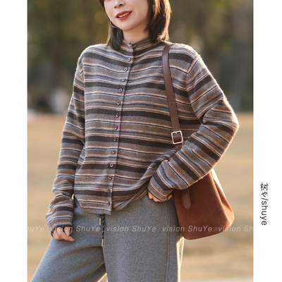 树也 文艺设计 气质条纹撞色立领单排扣针织开衫毛衣女冬装新品