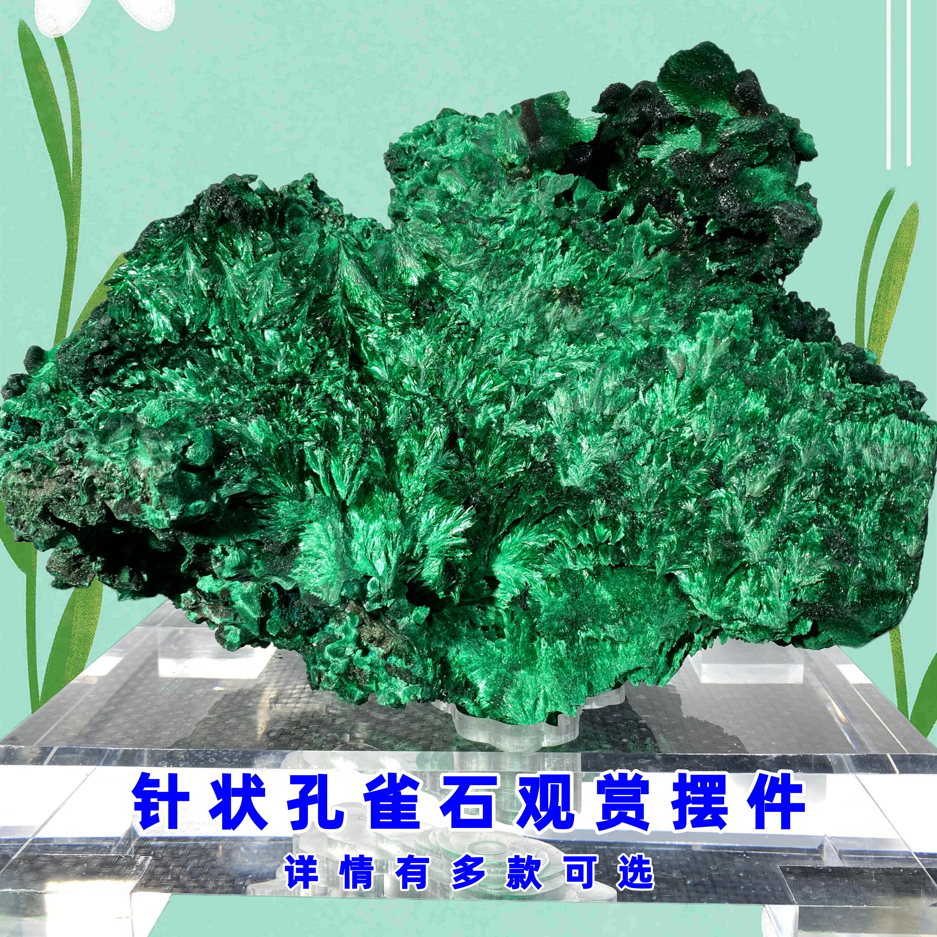 针状孔雀石矿物标本地质矿石晶体科普教学奇石观赏石桌面摆件收藏