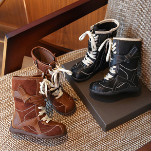 女童靴子儿童马丁靴2025秋冬新款中筒洋气公主拳击靴加绒保暖棉靴